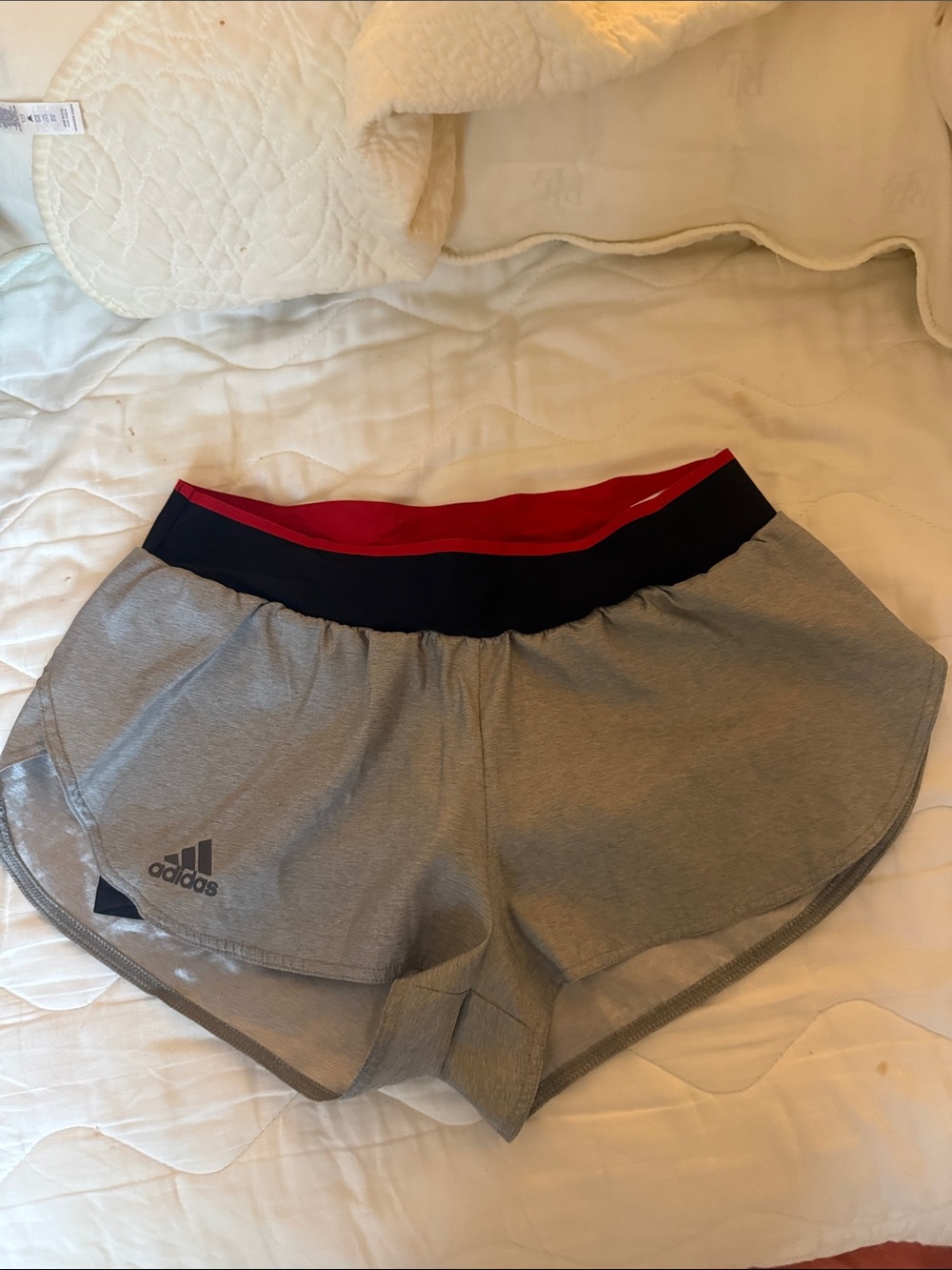 Adidas Women's Light Silvery Gray Tennis Shorts with Red & Black Waistband